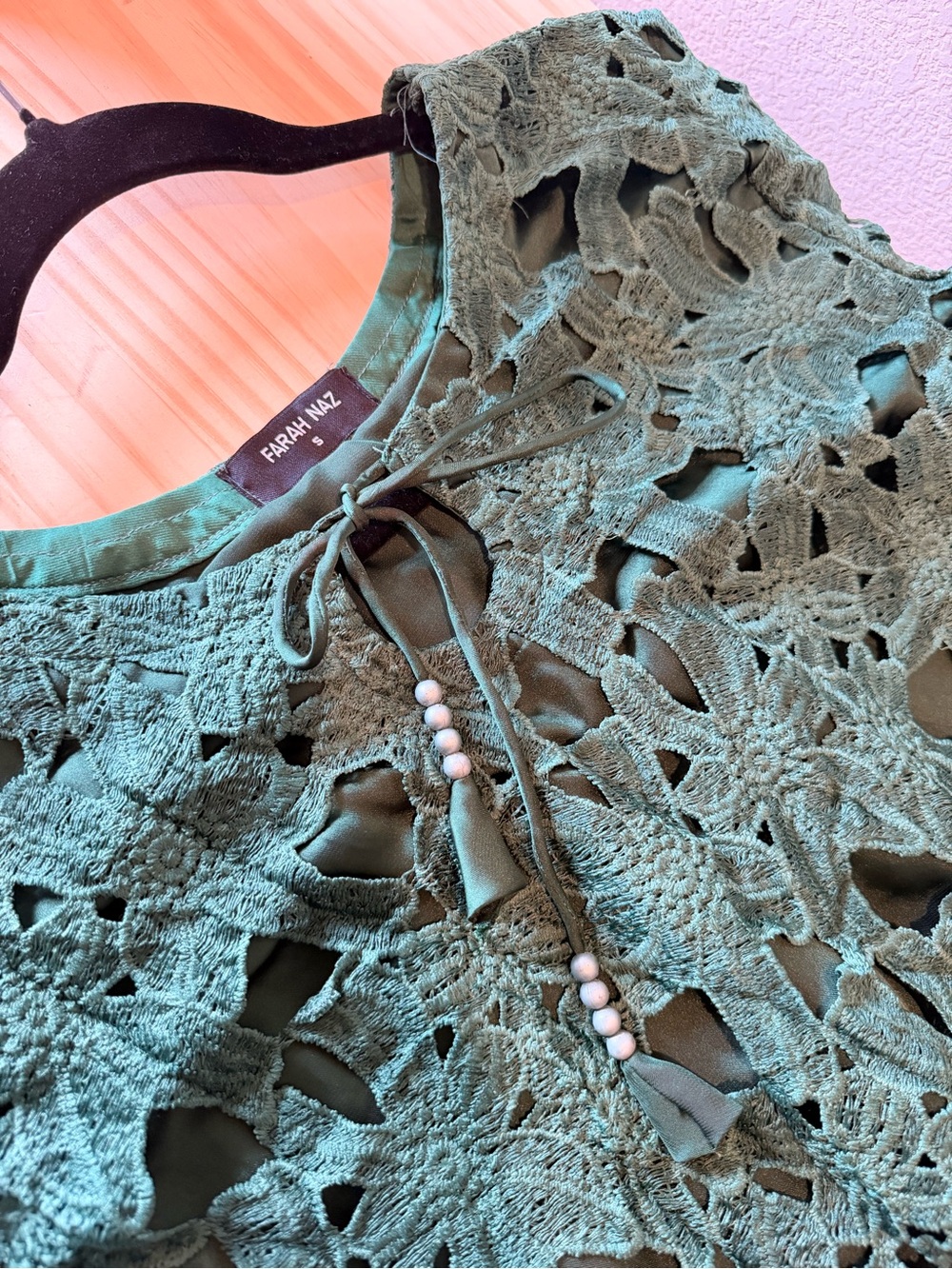 Farah Olive Green Lace Crochet Tie-Front Blouse